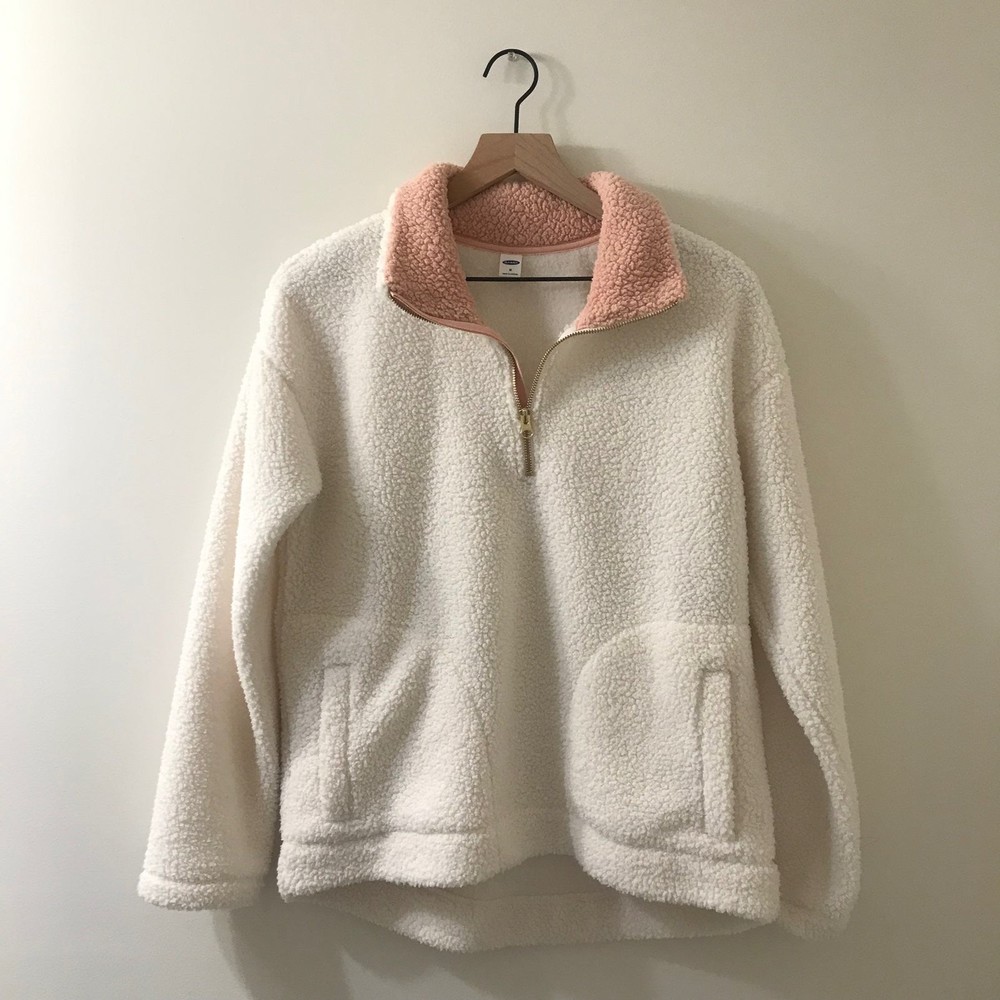 Old Navy White Pink Sherpa Half Zip Pullover Sweater - Medium